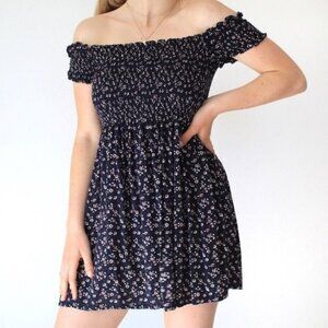Brandy Melville One Size Caley Off The Should Smocked Navy Floral Summer Dress